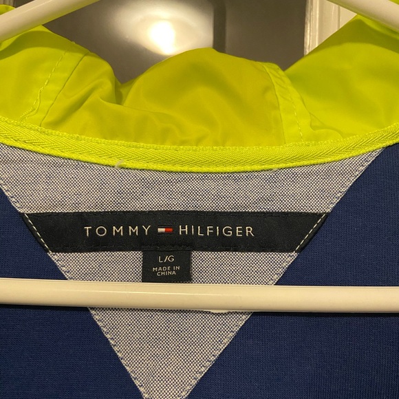 Tommy Hilfiger blue zip up hoodie with neon lined hood - Picture 3 of 4